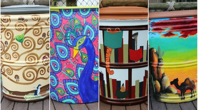 Four rain barrels decorated by Butler County residents are among those displayed at the Cincinnati Zoo that will be auctioned off as part of Earth Week. CONTRIBUTED