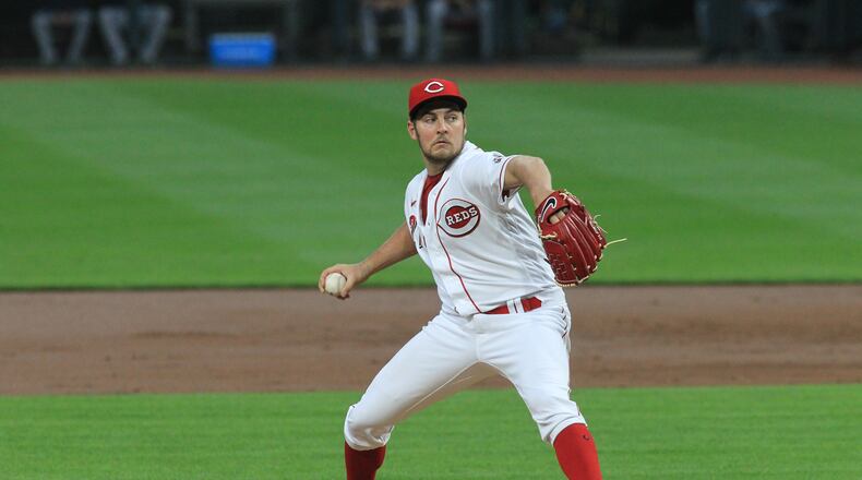 Reds starter Trevor Bauer pitches against the Brewers on Wednesday, Sept. 23, 2020, at Great American Ball Park in Cincinnati. David Jablonski/Staff