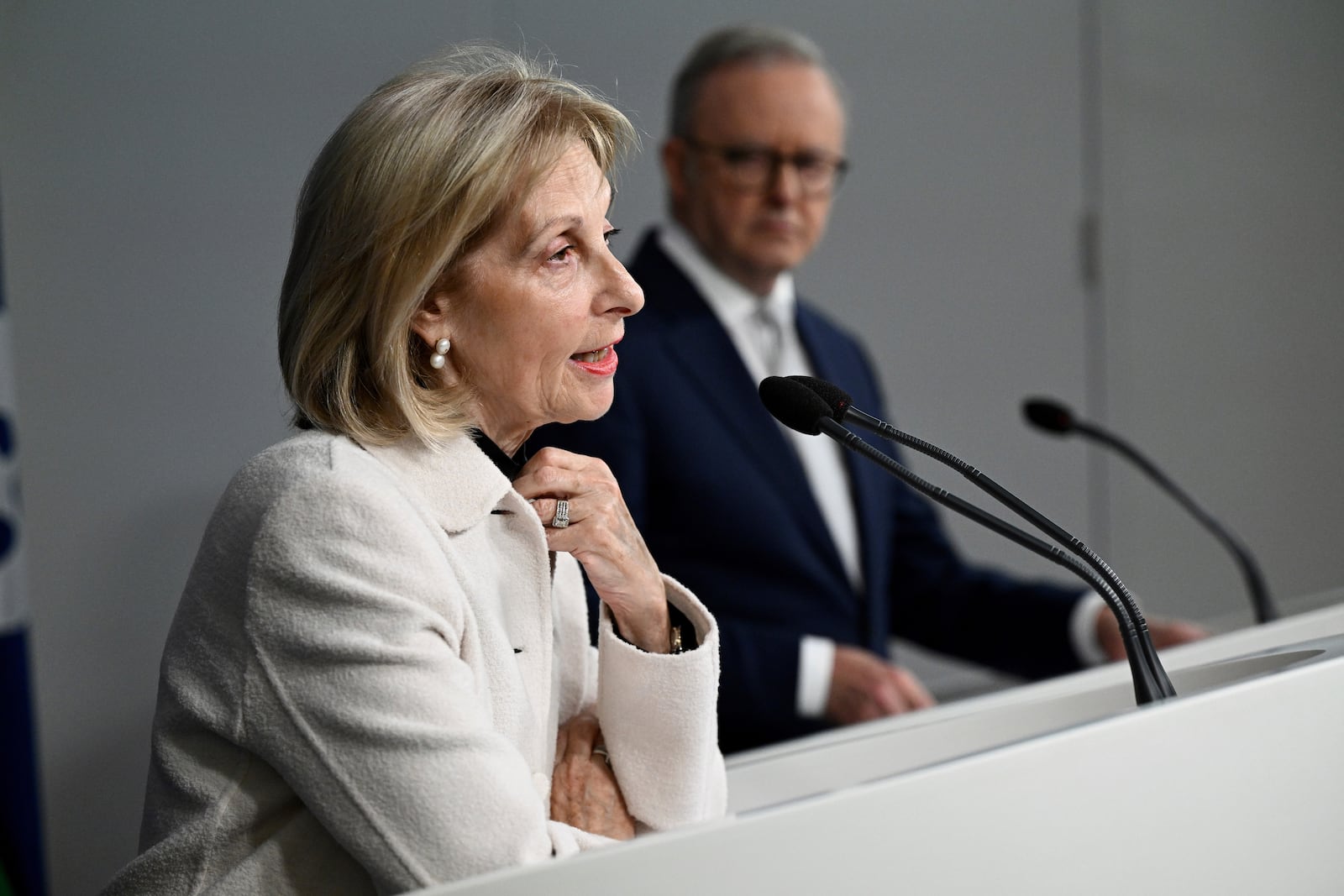 Special Envoy to Combat Antisemitism Jillian Segal, left, is watched by Australian Prime Minister Anthony Albanese during a press conference at the Commonwealth Parliamentary Offices in Sydney, Thursday, July 10, 2025. (Dan Himbrechts/AAPImage via AP)