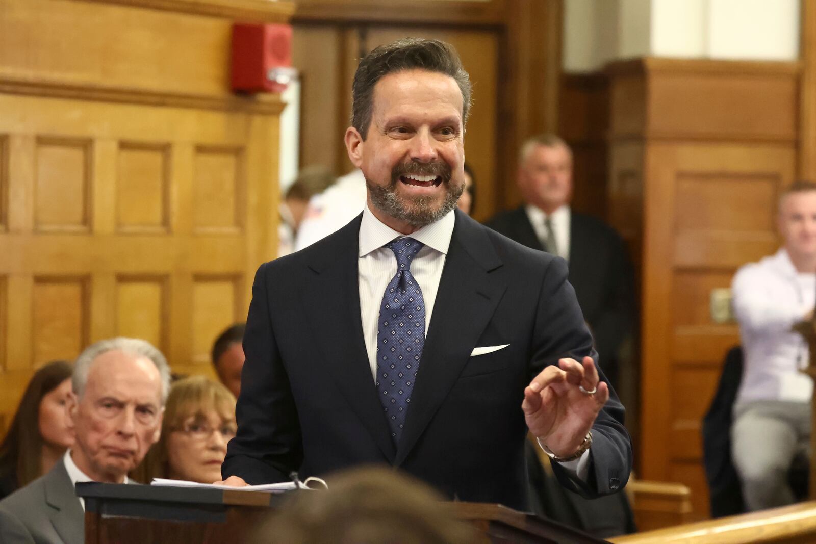 Attorney Alan Jackson gives his opening statement at Karen Read's second murder trial at Norfolk Superior Court on Tuesday, April 22, 2025 in Dedham, Mass. (Stuart Cahill /The Boston Herald via AP, Pool)
