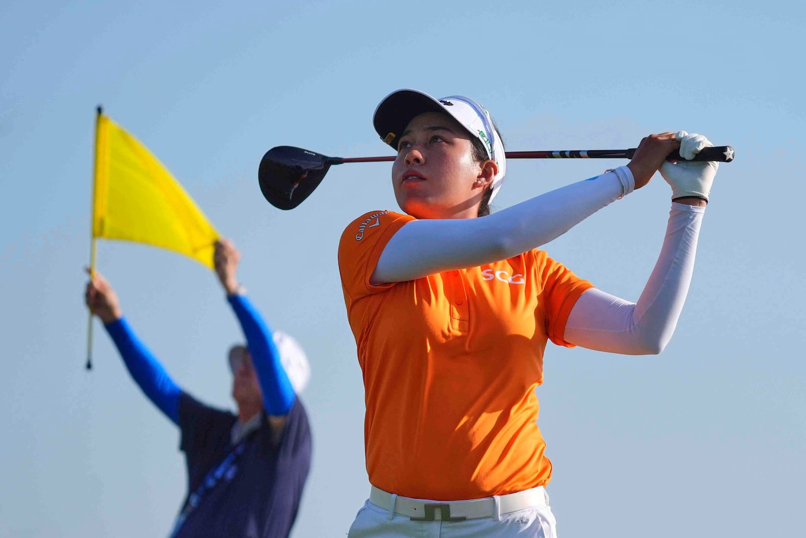 Jean Thitikul hits a tee shot on the second hole during the first round of the Women's PGA Championship golf tournament, Thursday, June 19, 2025, in Frisco, Texas. (AP Photo/LM Otero)