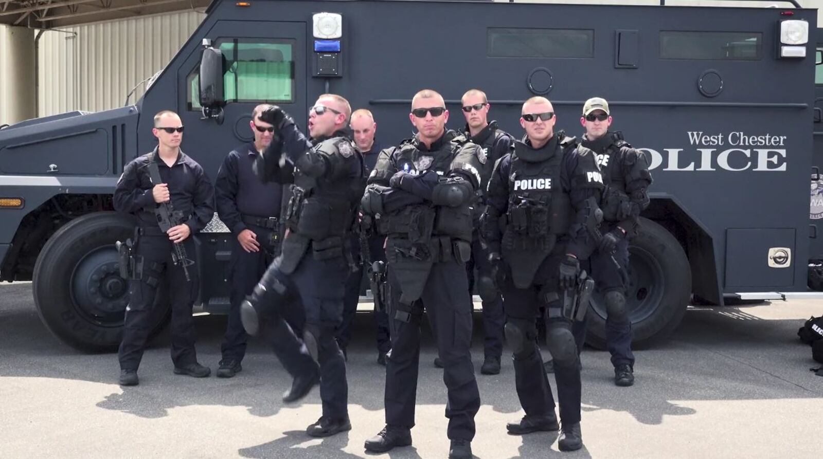 A screenshot of the lip sync challenge video posted by members of the West Chester Police Department.