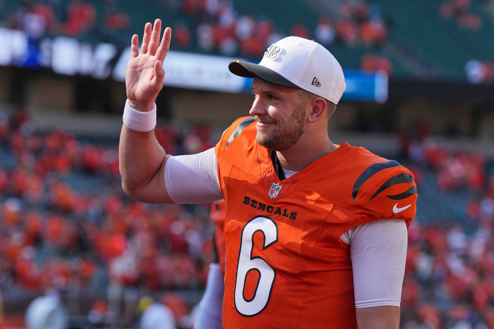 Cincinnati Bengals quarterback Jake Browning (6) walks off the field after a win over the Jacksonville Jaguars in an NFL football game, Sunday, Sept. 14, 2025, in Cincinnati. (AP Photo/Jeff Dean)