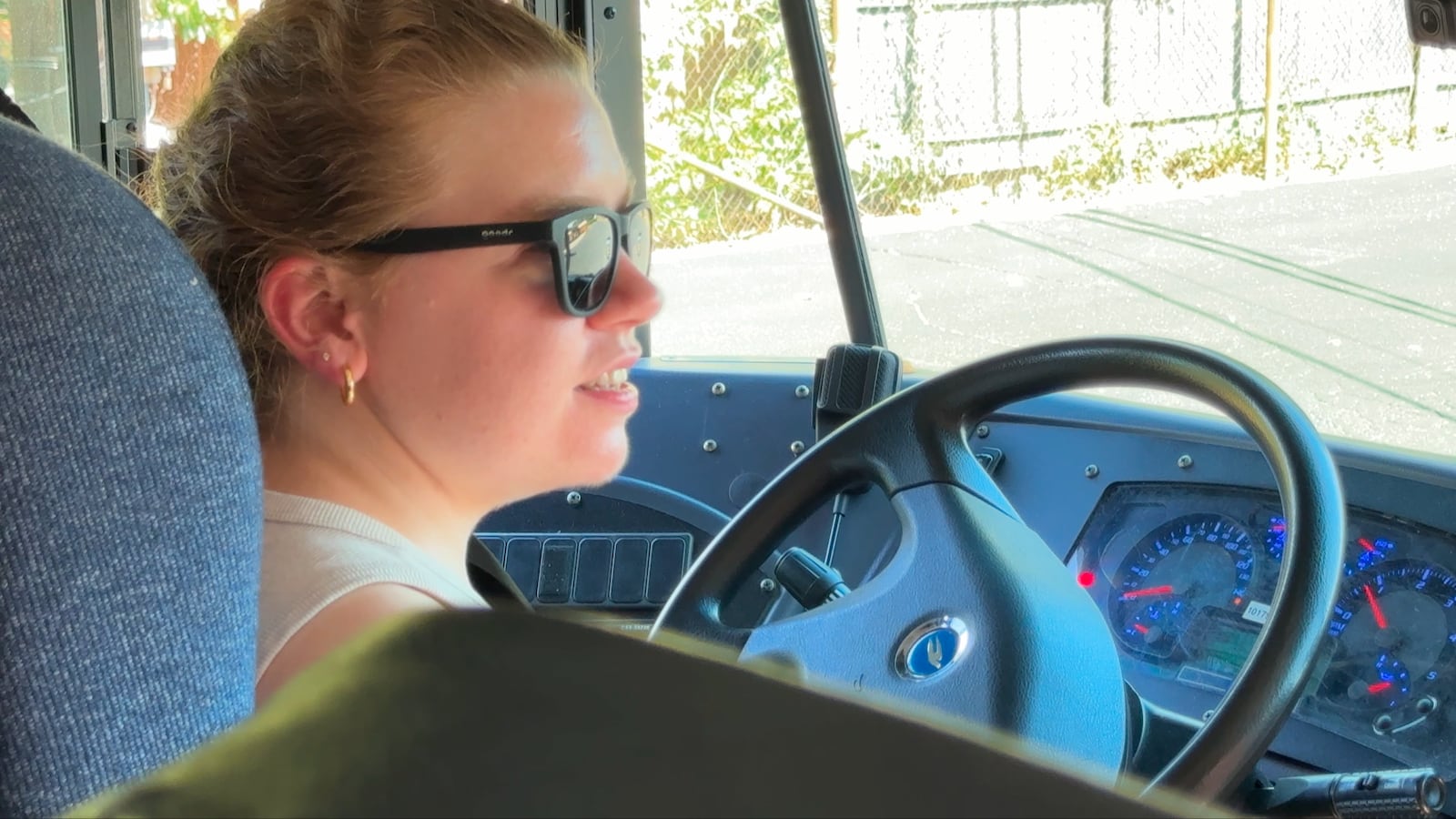 Dayton Daily News reporter Eileen McClory test drives a Kettering City Schools bus to learn about what it takes to operate a school bus.
