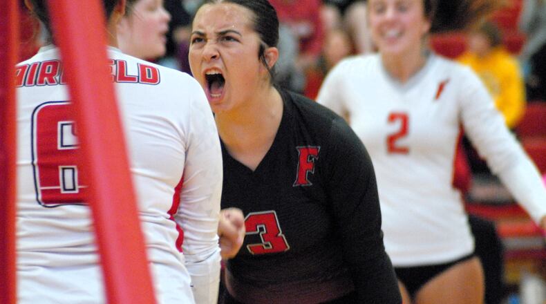 Fairfield's Kendall Kupper (3) celebrates with her teammates after the Indians scored a point against Talawanda during a Division I sectional opener at Lakota West. Chris Vogt/CONTRIBUTED