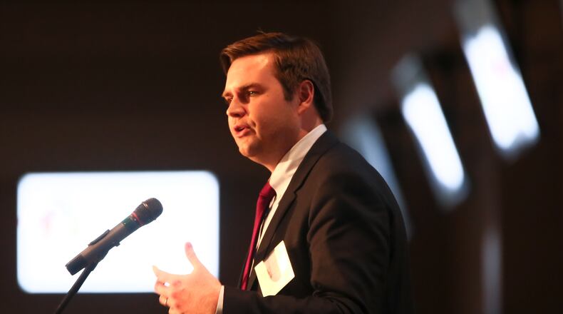 Author J.D. Vance was the keynote speaker during the Middletown Community Foundation annual awards banquet Thursday, Nov. 10. The New York Times bestselling author and Middletown native will give a free lecture Wednesday, Nov. 16, at Miami University in Oxford. GREG LYNCH / STAFF