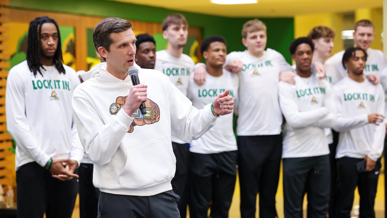 Wright State coach Clint Sargent talks after the university's NCAA tournament seed and opponent were announced during a Selection Sunday watch party on Sunday, March 15 at the university's Student Union in Fairborn. BRYANT BILLING / STAFF