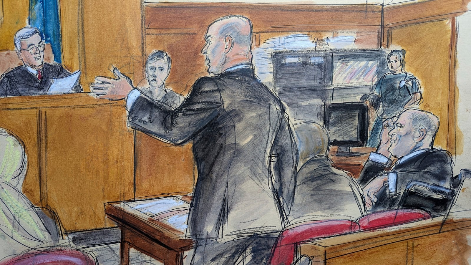 Defense attorney Arthur Aidala, center, makes an argument to Judge Curtis Farber, left, regarding jury notes as Harvey Weinstein looks on, Monday, June 9, 2025, at Manhattan criminal court in New York. (Elizabeth Williams via AP)