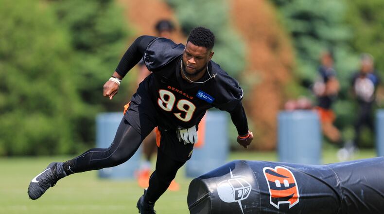 Cincinnati Bengals' Myles Murphy takes part in a drill during a practice at the NFL football team's training field in Cincinnati, Tuesday, May 23, 2023. (AP Photo/Aaron Doster)
