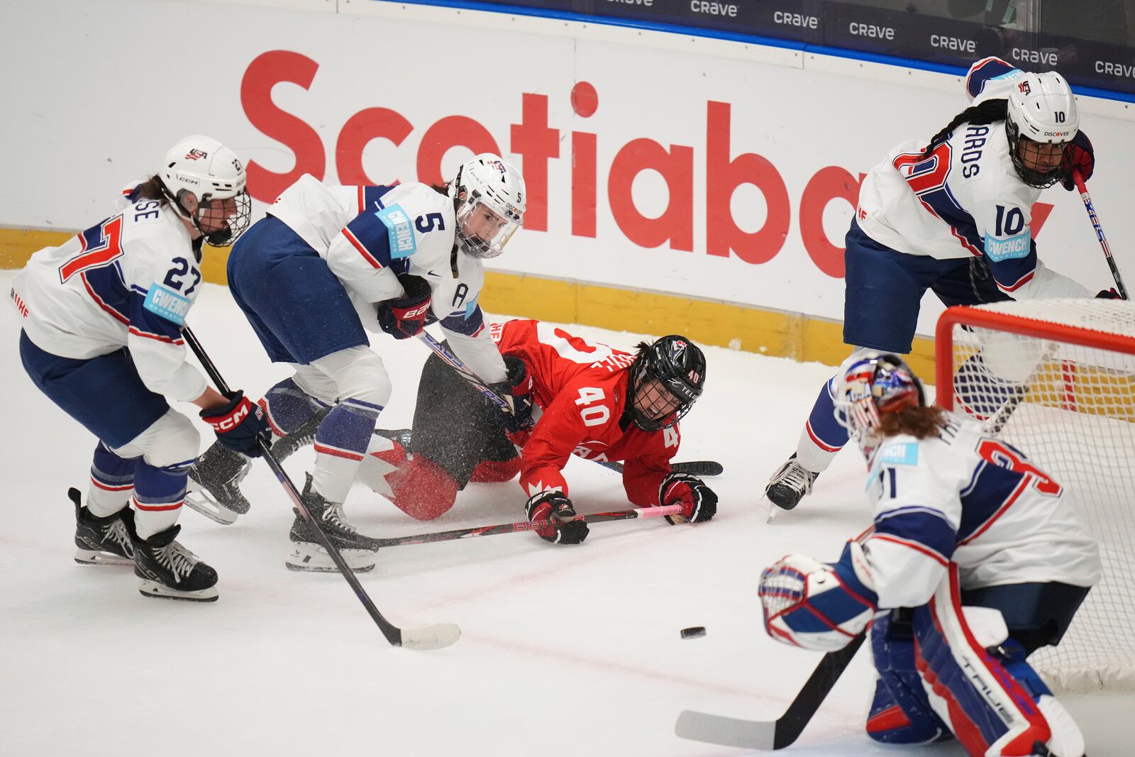 Blayre Turnbull of Canada passes the puck during the group A match between United States and Canada at the Women's Ice Hockey Championships in Ceske Budejovice, Czech Republic, Sunday, April 13, 2025. (AP Photo/Petr David Josek)