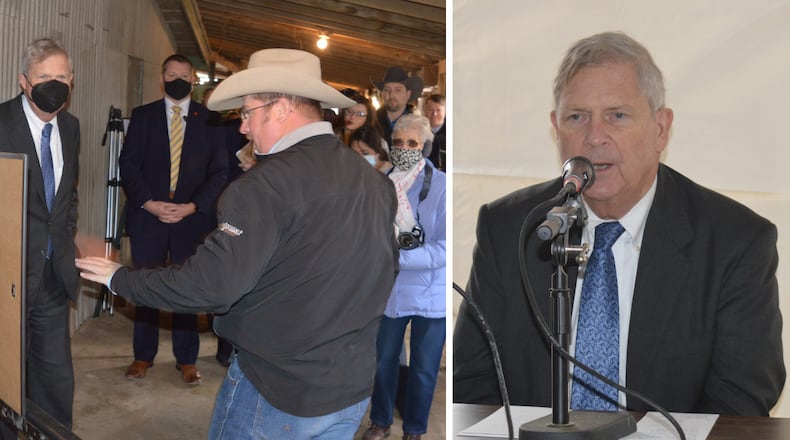 Left: U.S. Department of Agriculture Secretary Tom Vilsack (left) looks on as Andy Korb shows the plans for a meat processing building he is planning for the site on College Corner Pike. Vilsack was there for the announcement of a $100 million federal loan guarantee program to improve the food supply chain.
 
RIGHT: U.S. Department of Agriculture Secretary Tom Vilsack speaks to the media about the new loan guarantee program he announced on the local farm of Andy and Jessica Korb, who are planning a meat processing facility there. CONTRIBUTED/BOB RATTERMAN