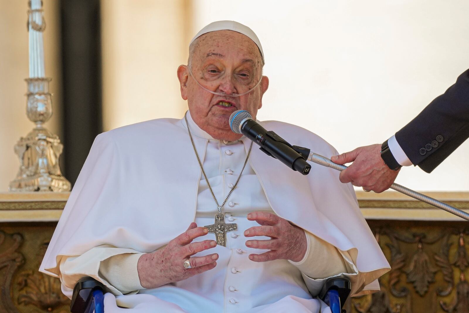 FILE - Pope Francis speaks to the faithful at the end of a mass in St. Peter's Square at The Vatican, Sunday, April 6, 2025, part of the jubilee of the sick and the health workers. (AP Photo/Andrew Medichini, File)