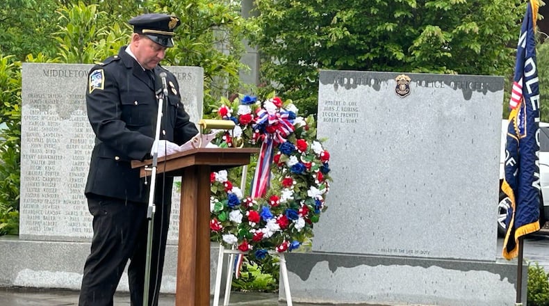 Middletown Police Chief David Birk delivers memorial address at Woodside Cemetery. City Council unanimously approved a voluntary separation agreement March 5, 2024 between Birk and the city, ending a nearly three-month paid administrative leave with no reason given as to why. FILE PHOTO