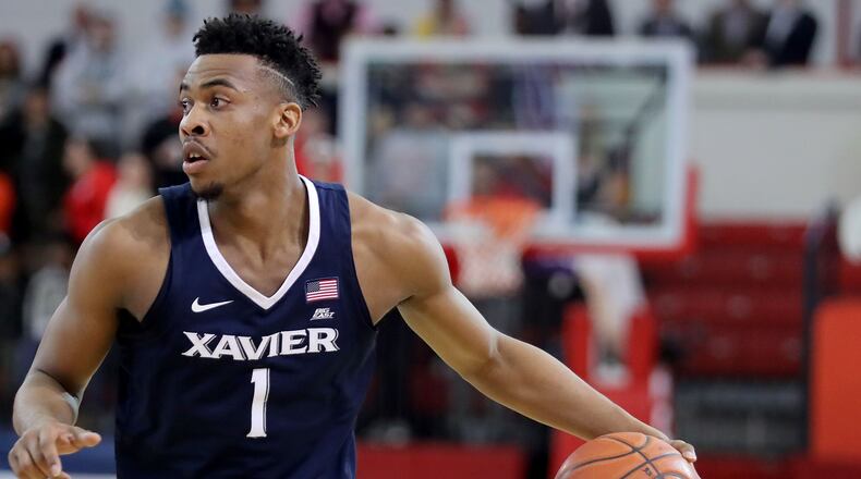 NEW YORK, NY - JANUARY 30: Paul Scruggs #1 of the Xavier Musketeers looks down the court in the first half against the St. John’s Red Storm during their game at Carnesecca Arena on January 30, 2018 in the Queens borough of New York City. (Photo by Abbie Parr/Getty Images)