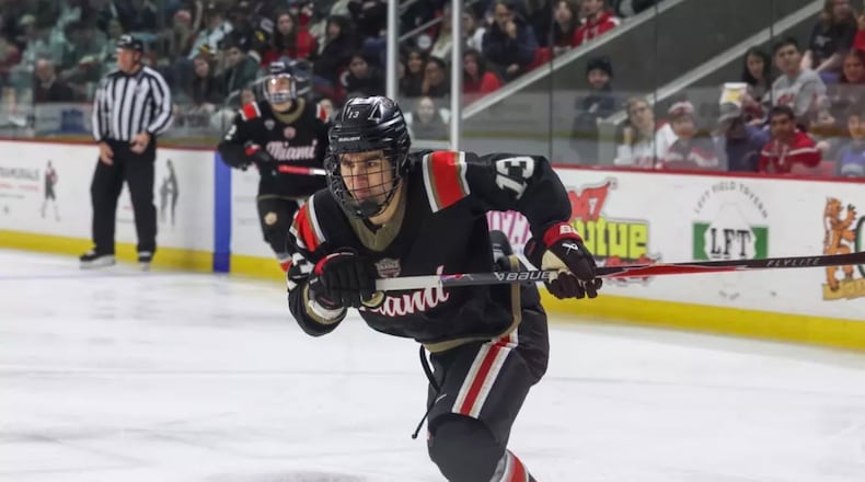 Miami’s Kocha Delic skates up the ice during his game against Western Michigan on Saturday, Feb. 7, 2026 at Goggin Ice Center. LEXIE CUNNINGHAM / MIAMI ATHLETICS