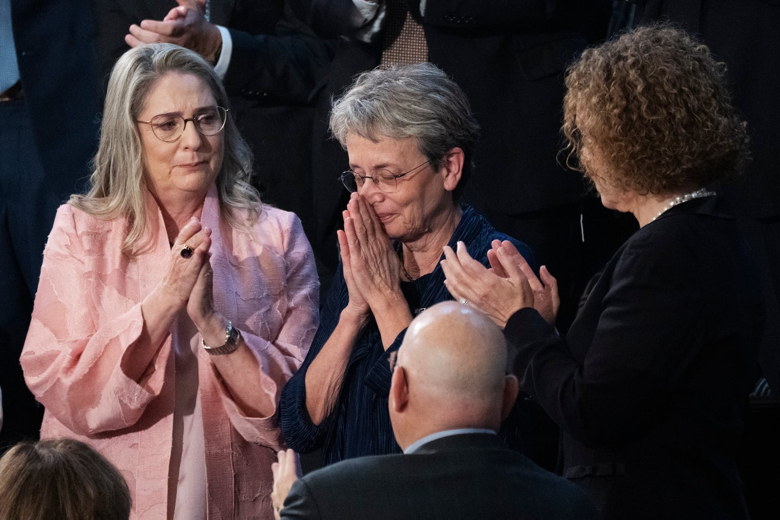 FILE - Leah Goldin, whose son Hadar was killed in the Gaza war in 2014, reacts as she is acknowledged by Israeli President Isaac Herzog during his speech to a joint session of Congress, Wednesday, July 19, 2023, at the Capitol in Washington, accompanied by Israeli first lady Michal Herzog, left. (AP Photo/Jacquelyn Martin, File)