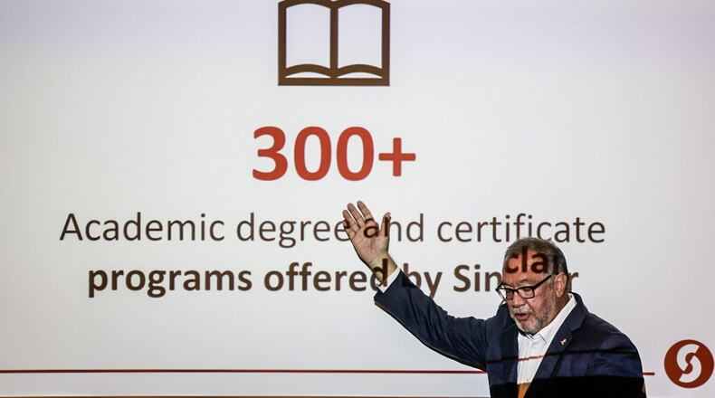 Sinclair College president and CEO, Steve Johnson conducts a roundtable Tuesday August 29, 2023 about keeping home-town talent in the workforce. JIM NOELKER/STAFF