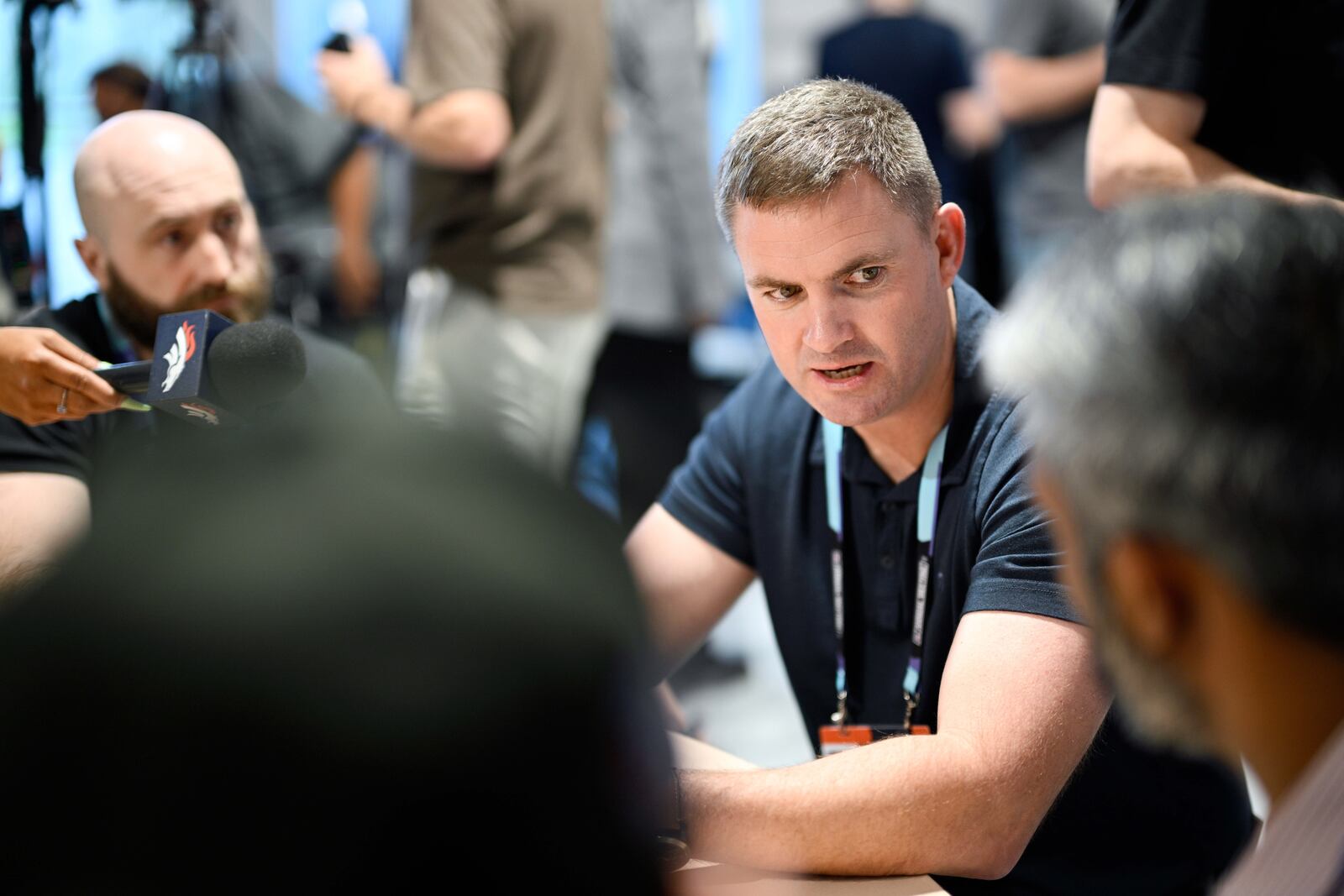 FILE - Cincinnati Bengals head coach Zac Taylor, second from right, meets with reporters during a media availability at the 2025 NFL annual meetings, Monday, March 31, 2025, in Palm Beach, Fla. (Phelan M. Ebenhack/AP Content Services for the NFL, file)