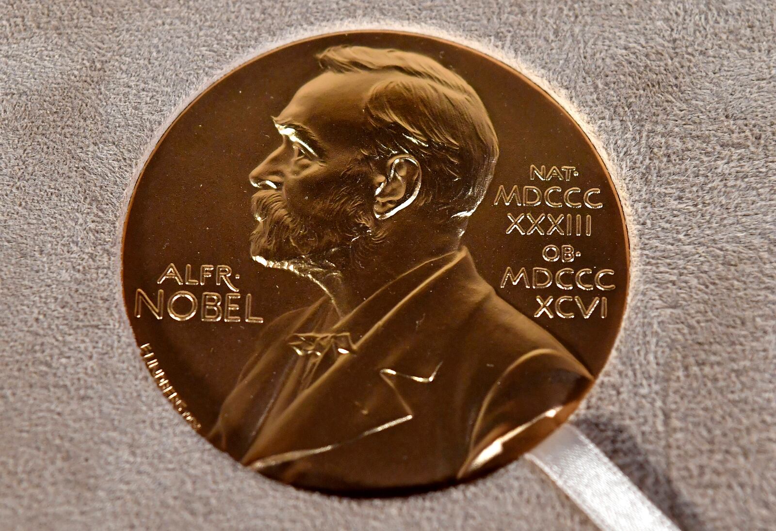 FILE - A Nobel medal is displayed during a ceremony in New York on Dec. 8, 2020. (Angela Weiss/Pool Photo via AP, File)