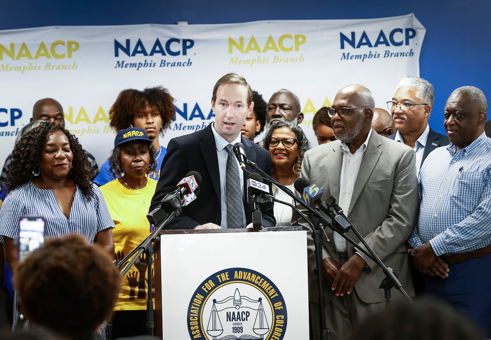 Patrick Anderson, Senior Attorney at the Southern Environmental Law Center speaks during a press conference announcing NAACP plans to sue xAI over Clean Air Act on Tuesday, June 17, 2025, in Memphis. (Mark Weber/Daily Memphian via AP)