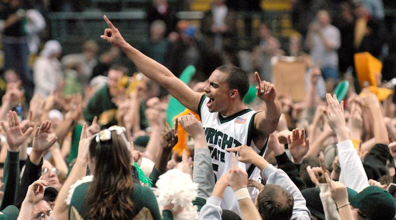 Wright States DaShaun Wood celebrates their 60-55 win over Butler to win the Horizon League Tournament, placing them in the NCAA tournament, March 6, 2007.