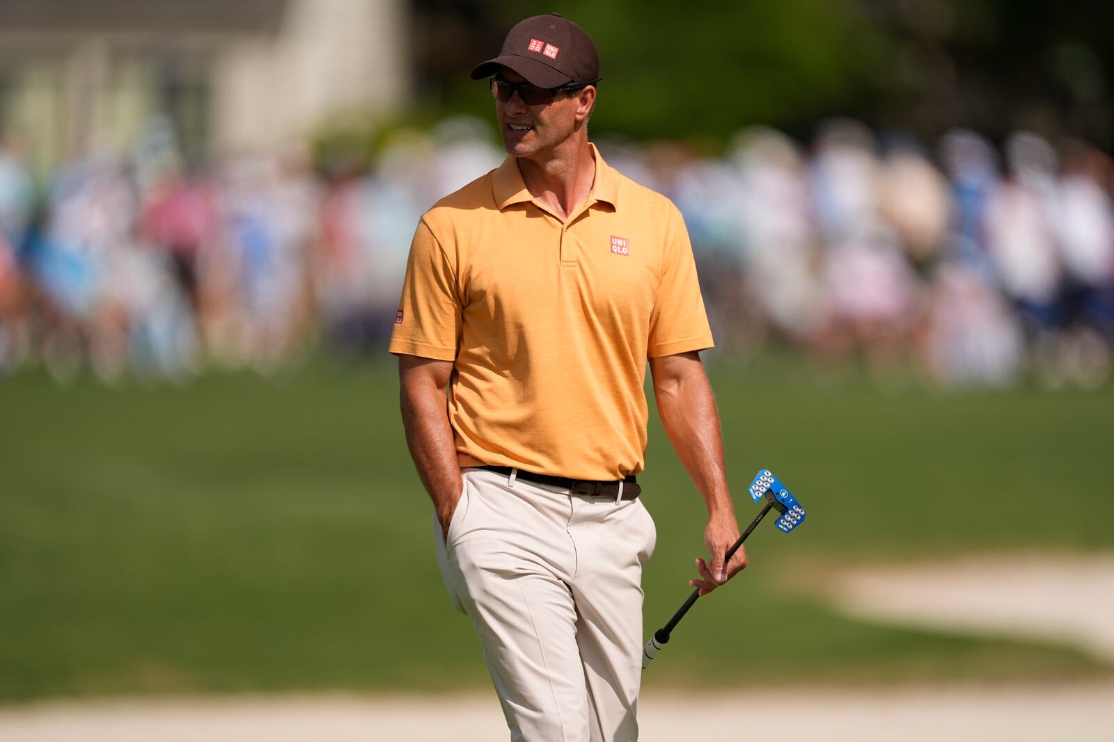 Adam Scott walks on the 16th green during the second round of the RBC Heritage golf tournament, Friday, April 18, 2025, in Hilton Head Island, S.C. (AP Photo/Mike Stewart)