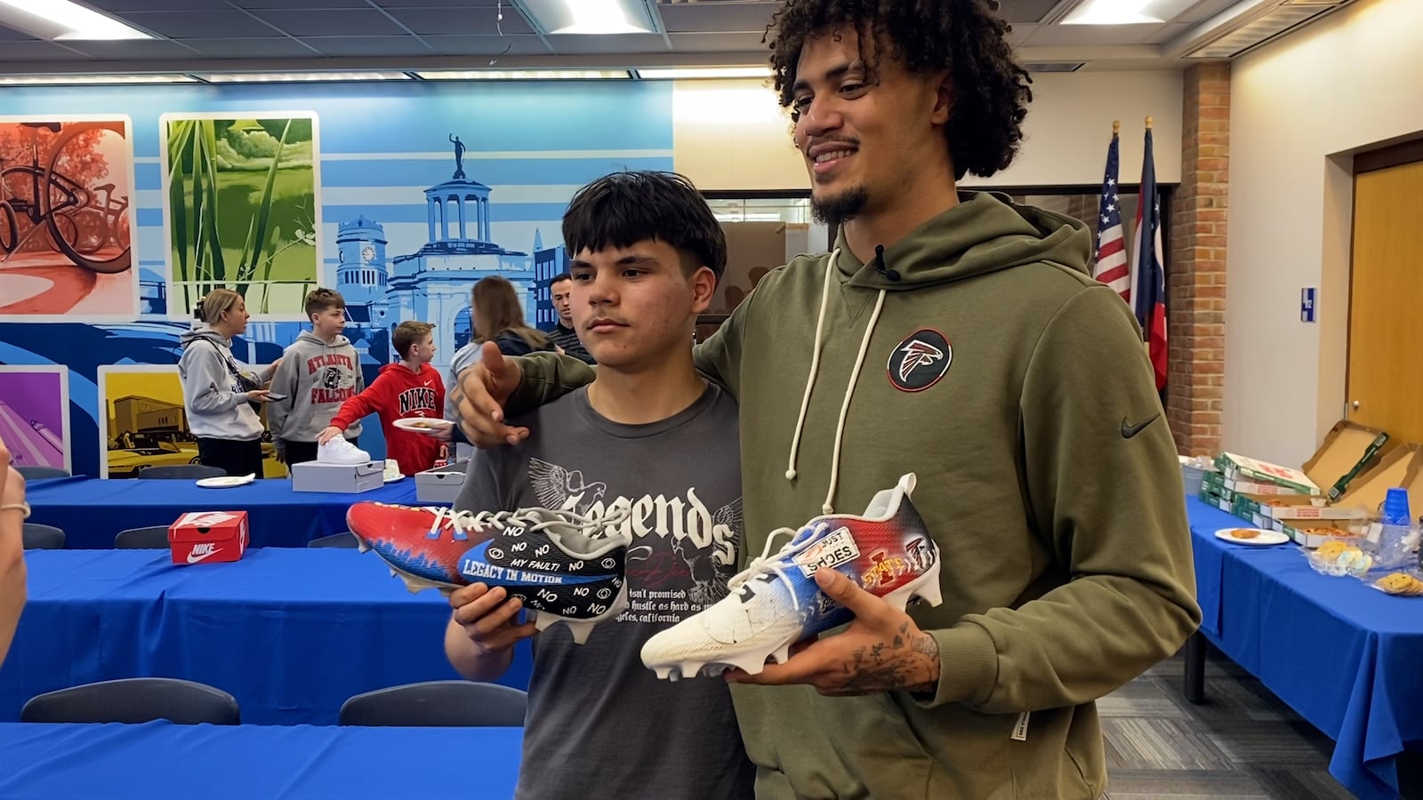 Atlanta Falcons defensive back and Hamilton High School graduate Malik Verdon visited Riverview Elementary Friday, Feb. 20, 2026, to meet nine local students whose artwork became his “My Cause, My Cleats” designs. The students from four district schools created hand‑drawn concepts for the Project Dream Cleats contest in partnership with Just a Pair of Shoes. CONTRIBUTED/TvHamilton