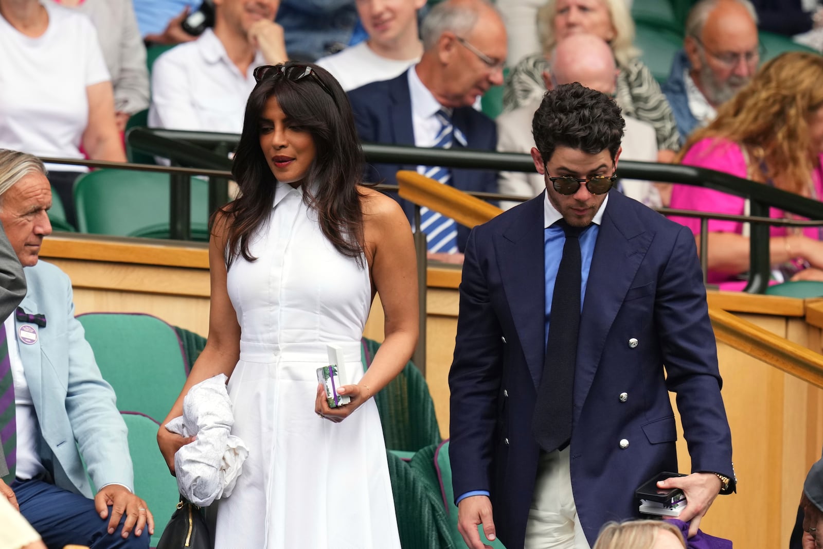 Indian actress Priyanka Chopra arrives at the Royal Box at Centre Court during the Wimbledon Tennis Championships in London, Wednesday, July 2, 2025.(AP Photo/Kirsty Wigglesworth)