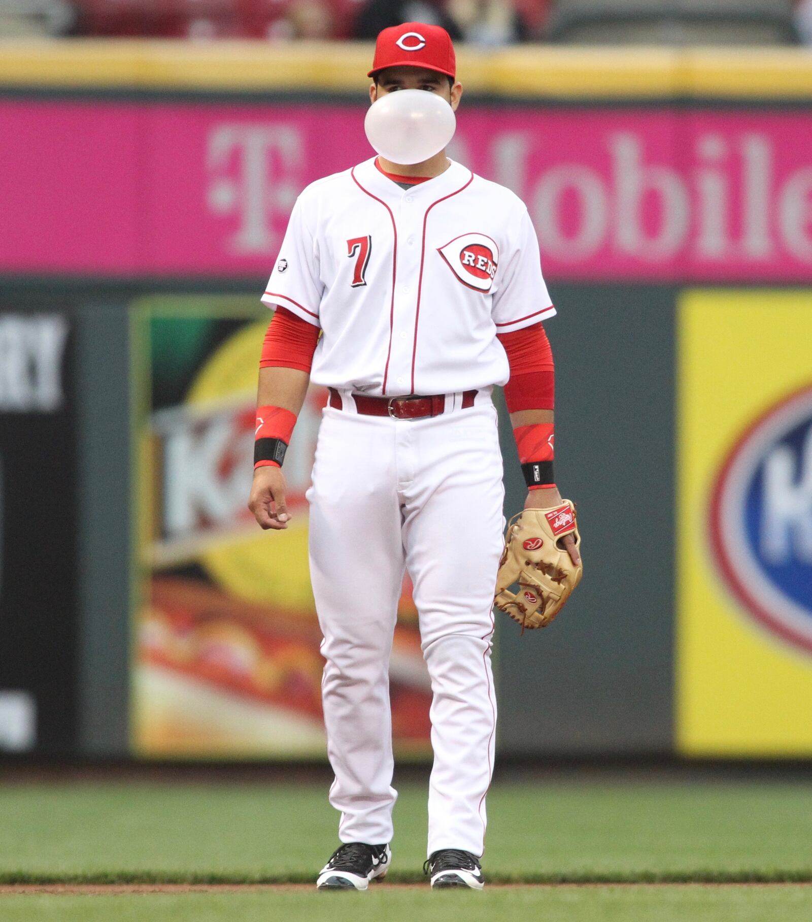 Reds third baseman Eugenio Suarez blows a bubble during a game against the Giants on Tuesday, May 3, 2016, at Great American Ball Park in Cincinnati. David Jablonski/Staff