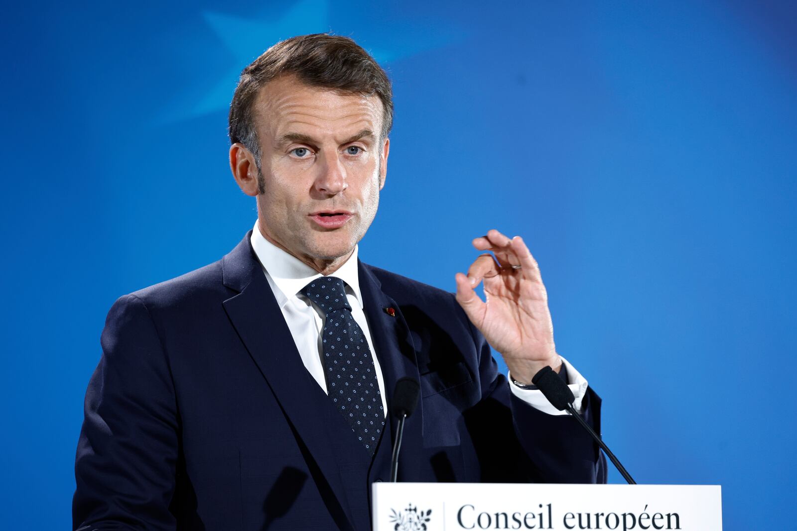 French President Emmanuel Macron addresses a media conference at an EU summit in Brussels, Friday, June 27, 2025. (AP Photo/Omar Havana)