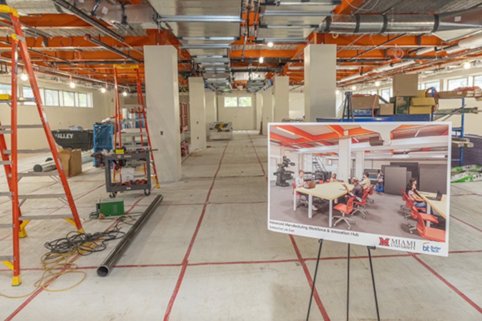 A classroom under construction in the Advanced Manufacturing Workforce and Innovation Hub in Hamilton, a partnership between Miami University and Butler Tech Career Technical Center. The Hub will open in January 2026. SCOTT KISSELL/CONTRIBUTED