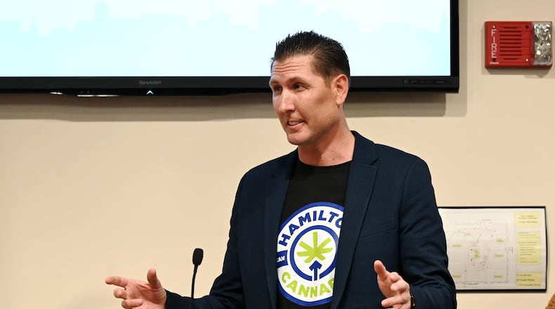 Hamilton resident David Stark speaks to Hamilton City Council on Wednesday, April 23, 2025, asking the board to lift the city's prohibition on marijuana dispensaries within the city limits. MICHAEL D. PITMAN/STAFF