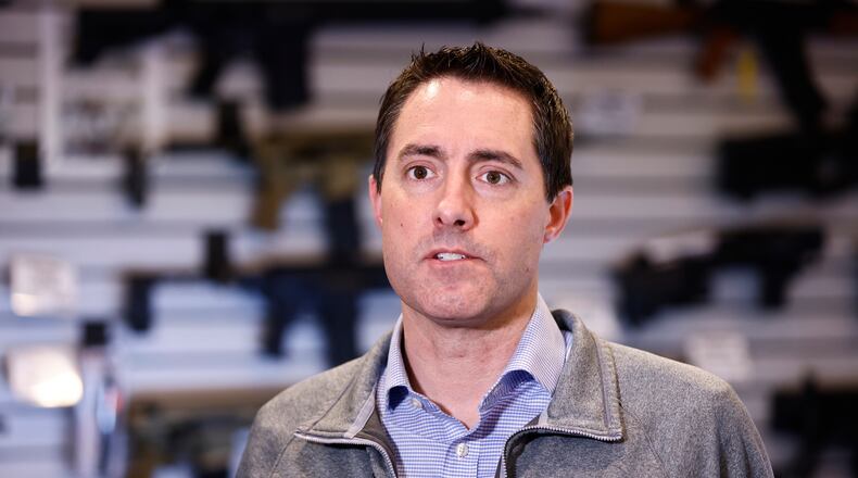 In this file photo from March, Ohio Secretary of State Frank LaRose answers reporters questions during an event in Hamilton, Ohio, Monday, March 18, 2024. At the time he was running in the Republican primary for U.S. Senate. (AP Photo/Paul Vernon)