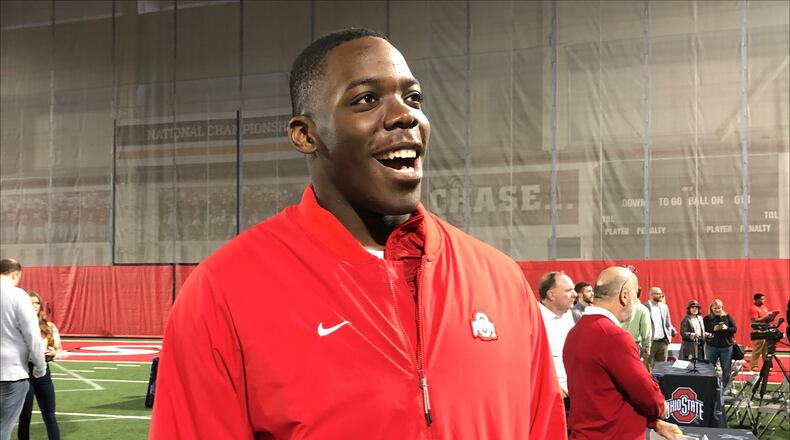 Ohio's No. 1 prospect from 2019, Zach Harrison, meets with reporters on National Signing Day at Ohio State (Photo: Marcus Hartman/CMG Ohio)