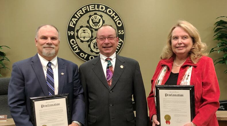 Fairfield Mayor Steve Miller (center) presented proclamations and plaques of appreciation to Council members Craig Keller (left) and Debbie Pennington (right) as they will end their service on City Council at the end of the year. Their last council meeting was on Monday, Dec. 9, 2019, and Miller proclaimed Dec. 10, 2019, as Debbie Pennington Day, and Dec. 11, 2019, as Craig Keller Day. PROVIDED