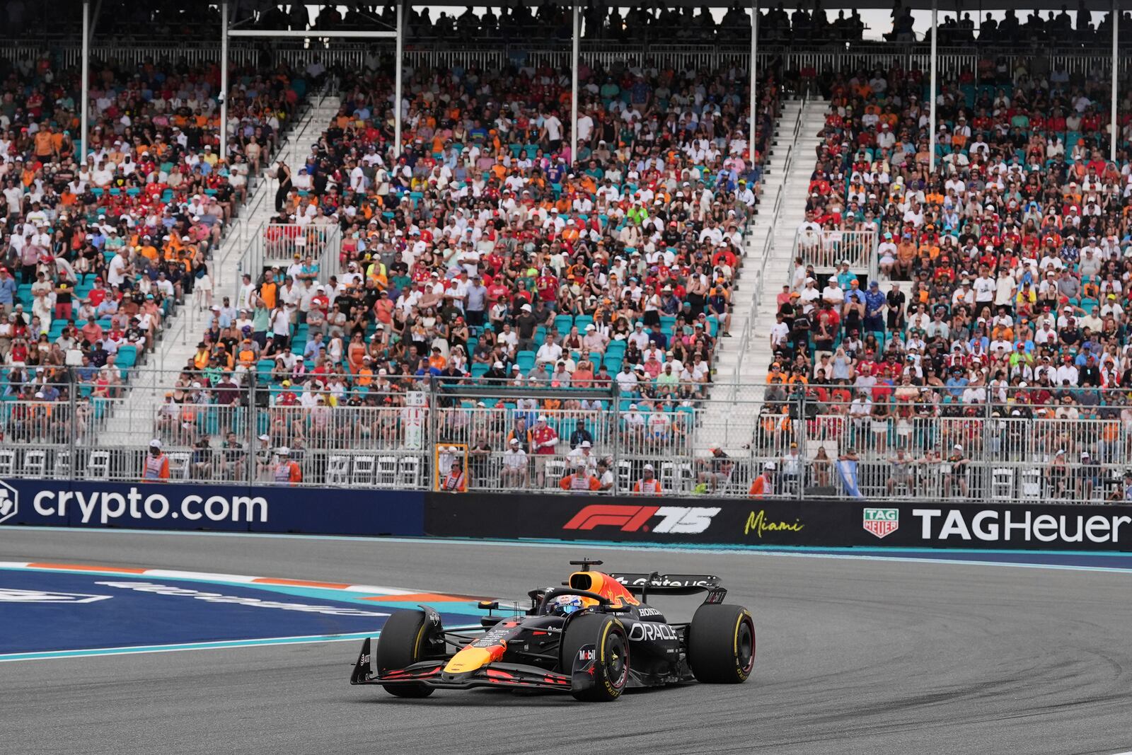 Red Bull driver Max Verstappen of the Netherlands makes a turn during the Formula One Miami Grand Prix auto race Sunday, May 4, 2025, in Miami Gardens. Fla. (AP Photo/Rebecca Blackwell)