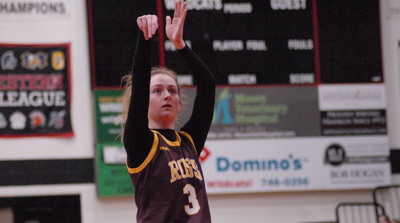Ross junior Lanie Lipps (3) fires up a free throw against Franklin on Thursday night. Chris Vogt/CONTRIBUTED
