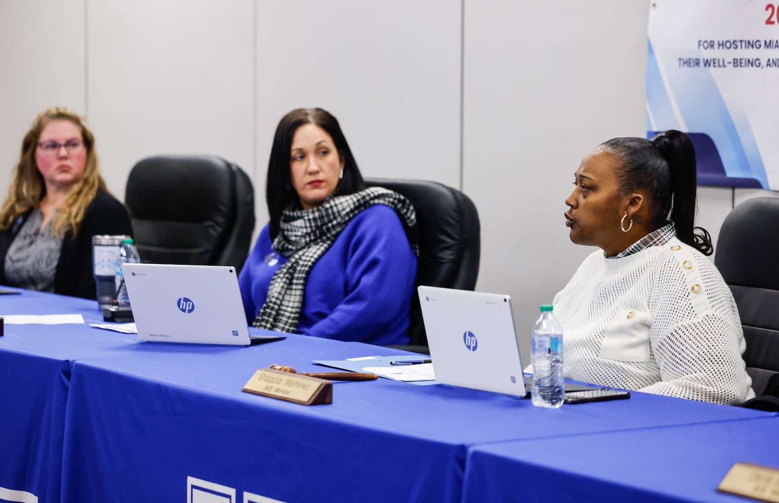 Hamilton City Schools Board of Education President Shaquila Mathews speaks during a work session where a district budget plan is being discussed Friday, Jan. 16, 2026. NICK GRAHAM/STAFF