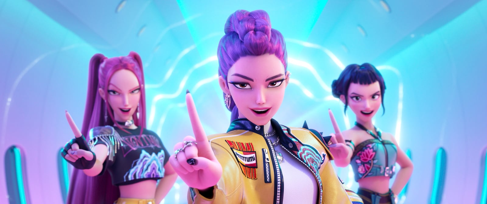 This image released by Netflix shows characters, from left, Mira, Rumi, Zoey in a scene from "KPop Demon Hunters." (Netflix via AP)