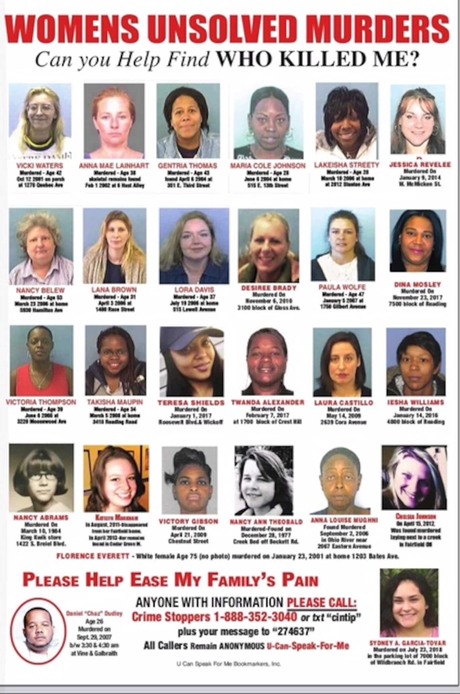 A poster featuring unsolved homicides in Butler and Hamilton counties.