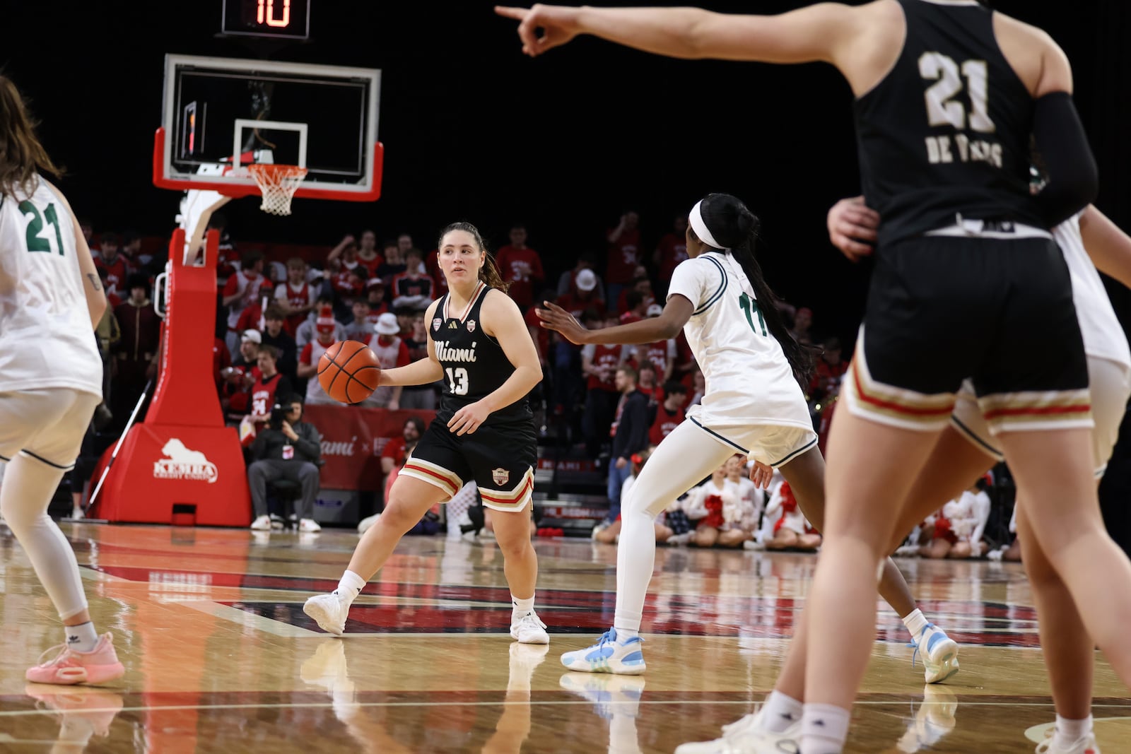 Miami’s Tamar Singer dribbles the ball up the court against Ohio on Saturday, Jan. 26, 2026 at Millett Hall in Oxford. CHRIS VOGT / CONTRIBUTED