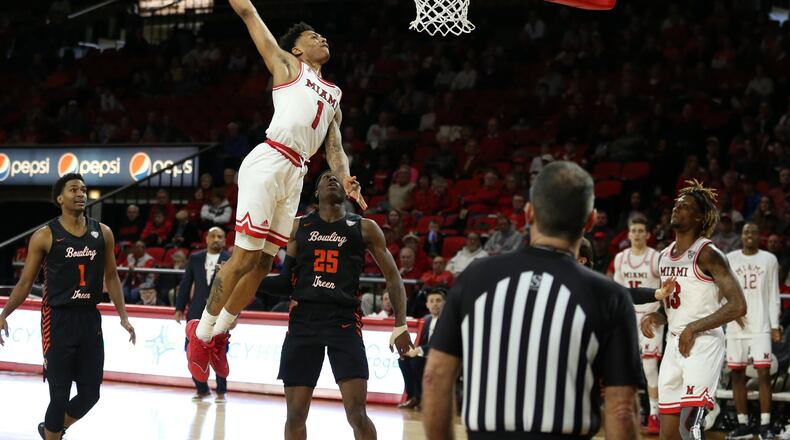 Miami’s Nike Sibande goes up for a dunk during a game Saturday vs. Bowling Green at Millett Hall. Photo courtesy of Miami Athletics