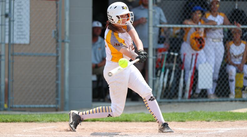 Kenton Ridge High School sophomore Brenna Fyffe hits a ball during their Division II district final game against Franklin at Arcanum High School last season. Michael Cooper/CONTRIBUTED