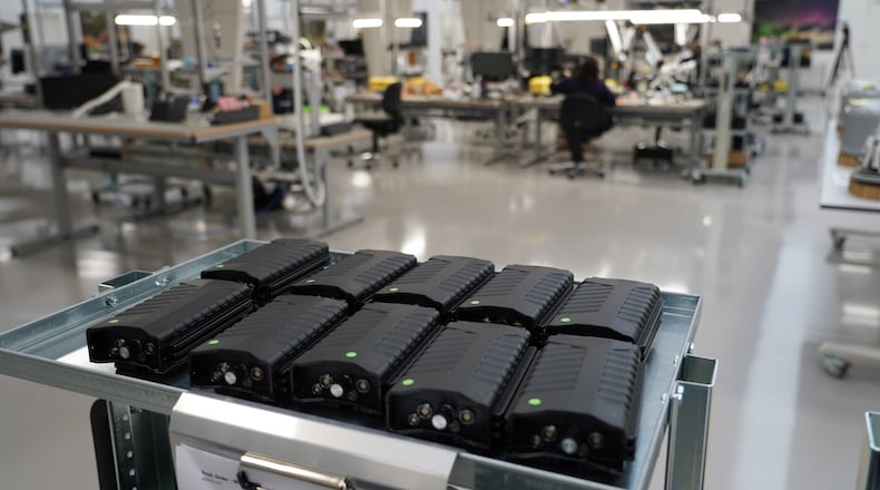 Assembled counter drone devices sit on a try at MyDefence's headquarters in Alborg, Denmark, on Oct. 28, 2025. (AP Photo/James Brooks)