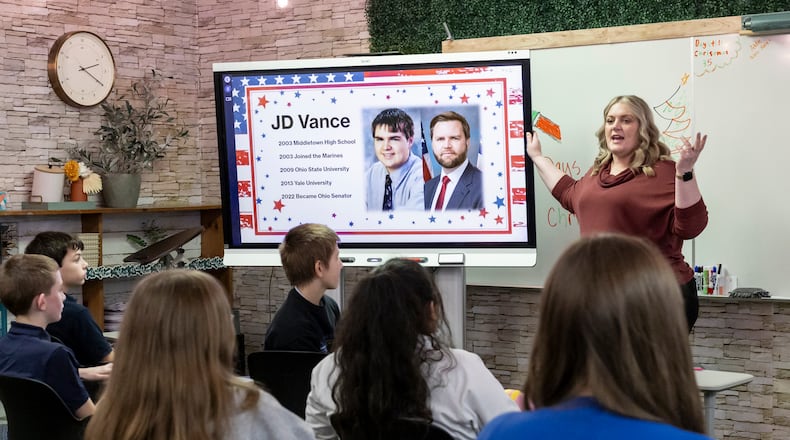 Monica Gross discusses Vice President elect J.D. Vance in her middle school social studies class at Middletown Christian Wednesday, Nov. 20, 2024. NICK GRAHAM/STAFF