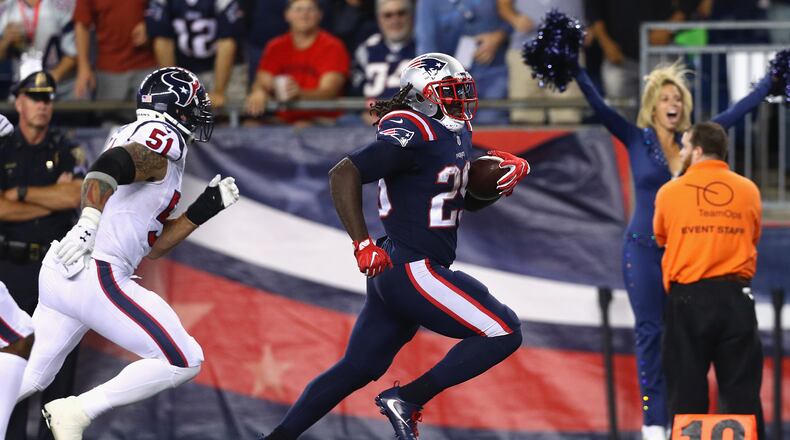 FOXBORO, MA - SEPTEMBER 22: LeGarrette Blount #29 of the New England Patriots rushes for a touchdown during the fourth quarter against the Houston Texans at Gillette Stadium on September 22, 2016 in Foxboro, Massachusetts. (Photo by Maddie Meyer/Getty Images)