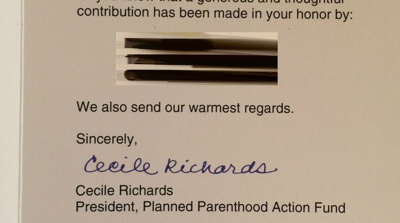 Ohio Rep. Candice Keller, R-Middletown, received a thank you card from the Planned Parenthood Action Fund for a donation made on her behalf. The first-term freshman lawmaker called the donation made in her name by an Oxford constituent “very alarming.” Keller runs the Community Pregnancy Center in Middletown and opposes the abortion services provided by Planned Parenthood. CONTRIBUTED