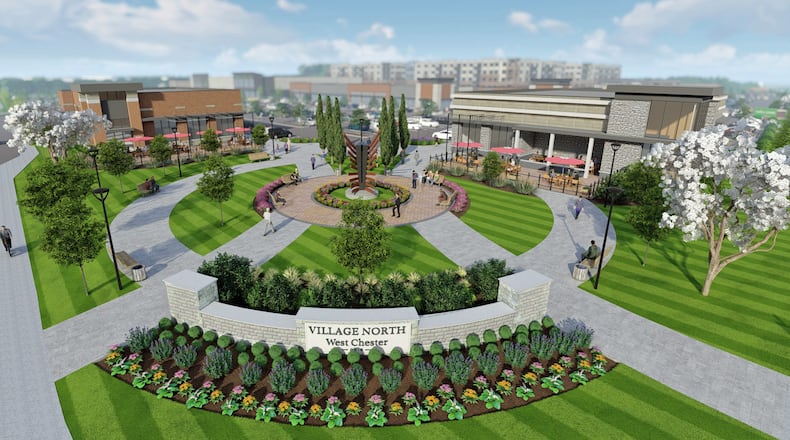 Construction has begun on the first phase of the 49-acre Village North project being developed in West Chester and Liberty townships. This is a rendering of the 91,000 square feet of retail and restaurant space being constructed in West Chester Twp. at the corner of Liberty Way and Butler-Warren Roads. Contributed photo