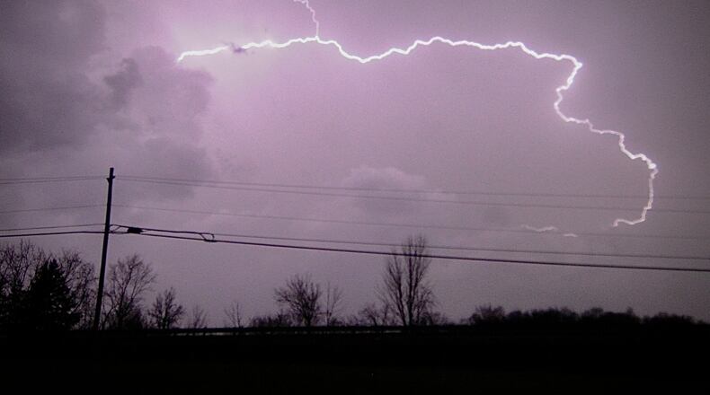 Lightning, Clark County near Enon, Thursday, MARCH 14, 2024. MARSHALL GORBY \STAFF
