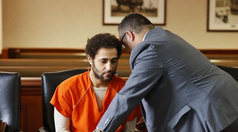 Miguel Wesley Galliher, left, appears with attorney Frank Schiavone IV for a pre-trial hearing Wednesday, April 20, 2022, in Butler County Common Pleas Court for murder and felonious assault in connection with the shooting death of Robert Strong during a shooting at LugNutz bar and grill on Donald Drive in Fairfield in 2021. NICK GRAHAM / STAFF